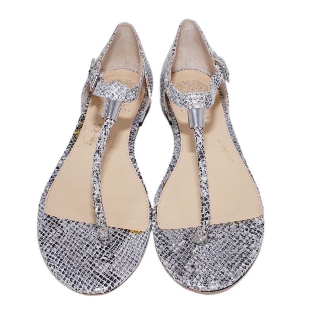 Vince Camuto Halana Silver Black Snakeskin Embossed Sandals, Size 7.5 / 37.5